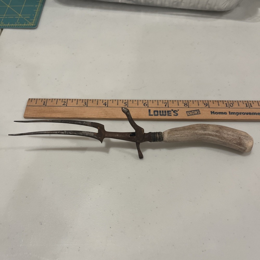 Antique Deer/Stag Antler Handle Meat Carving Serving Fork w/Stand